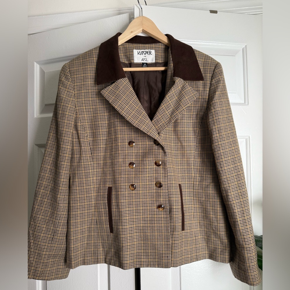 Vintage Kasper by ASL Brown Plaid Blazer sz 16 Preppy Equestrian Old Money